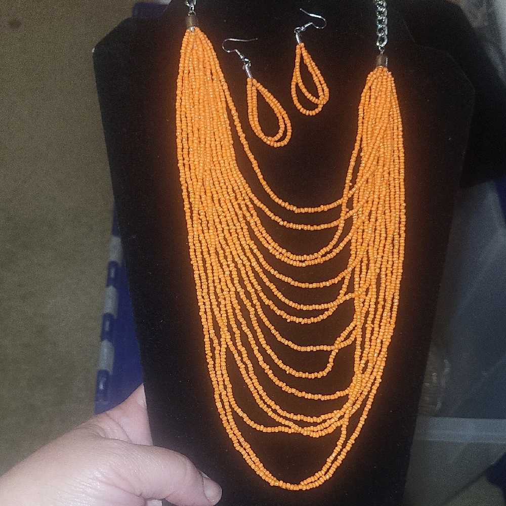 Orange SeaBeaded Necklace and Earring Set